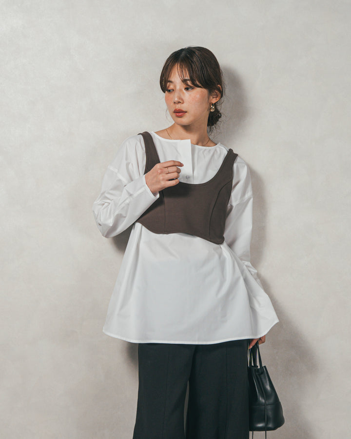 ［SET］カットビスチェxブラウス レイヤードSET+Relax 裏起毛カーブパンツ（2SET）