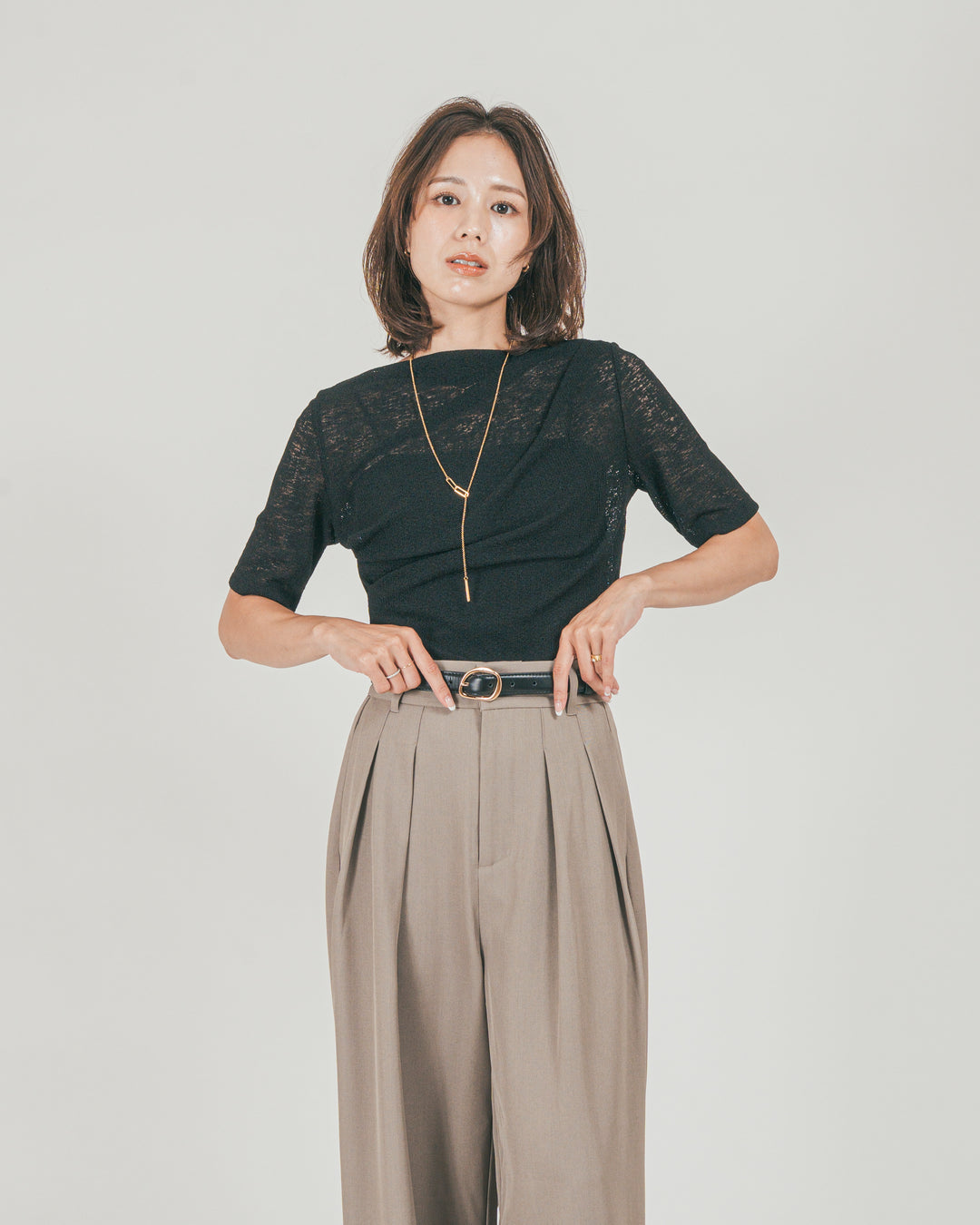 ［SET］カットレース ドレープTee + ダブルタック ハイウエストワイドパンツ（2SET）