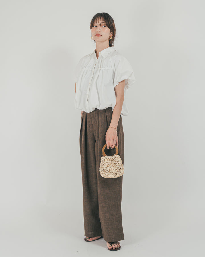 ［SET］バルーンShirringハーフスリーブシャツ + スラブTweedタックワイドパンツ（2SET）