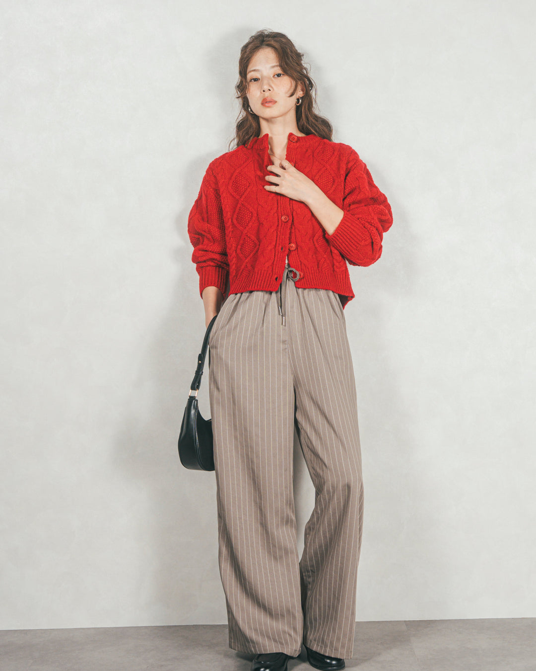 ［SET］ケーブルKnitクルーカーディガン+Relaxストライプパンツ