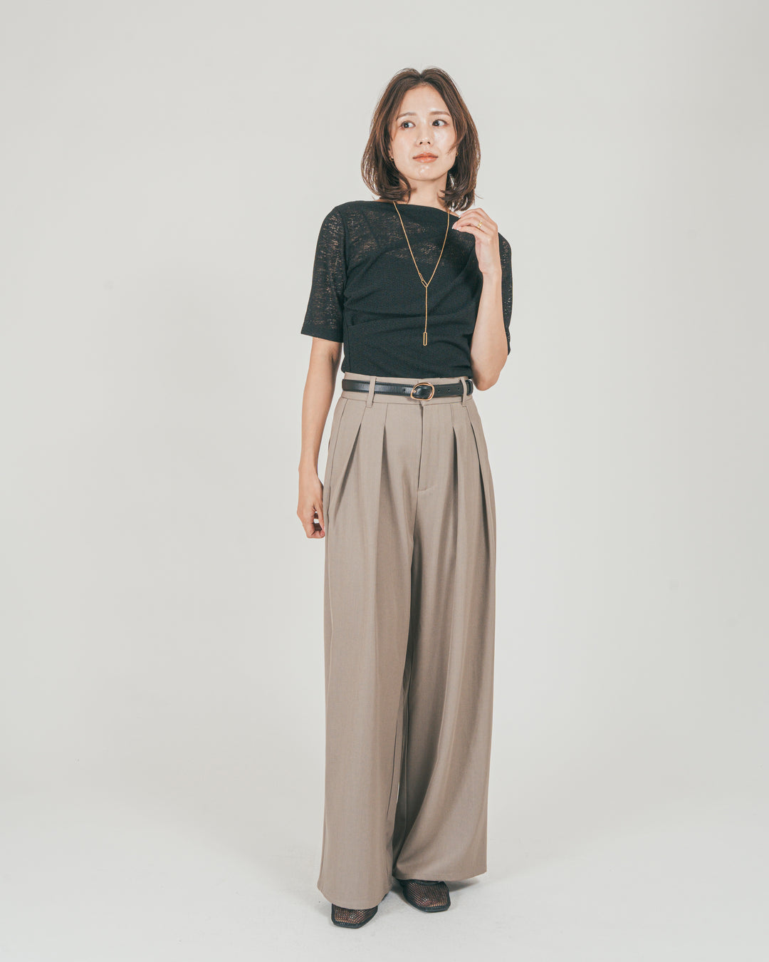 ［SET］カットレース ドレープTee + ダブルタック ハイウエストワイドパンツ（2SET）