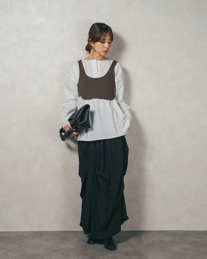 ［SET］カットビスチェxブラウス レイヤードSET+ヴィンテージブロードランダムタックスカート（2SET）