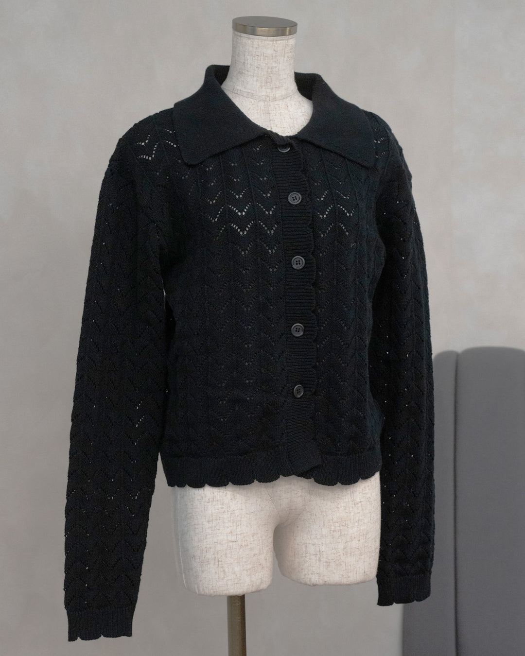 透かし編みニット襟付きカーディガン