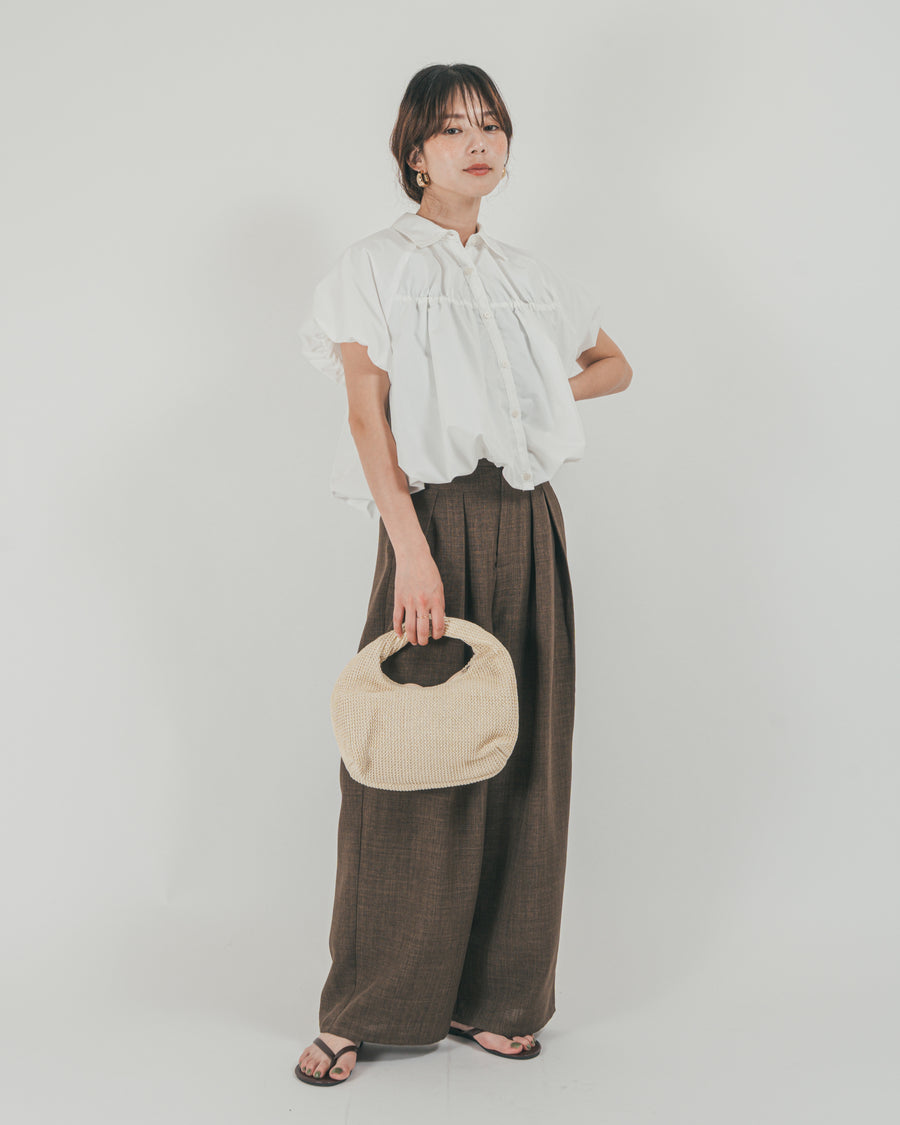 ［SET］バルーンShirringハーフスリーブシャツ + スラブTweedタックワイドパンツ（2SET）