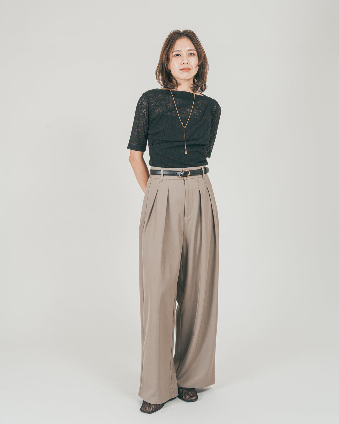 ［SET］カットレース ドレープTee + ダブルタック ハイウエストワイドパンツ（2SET）