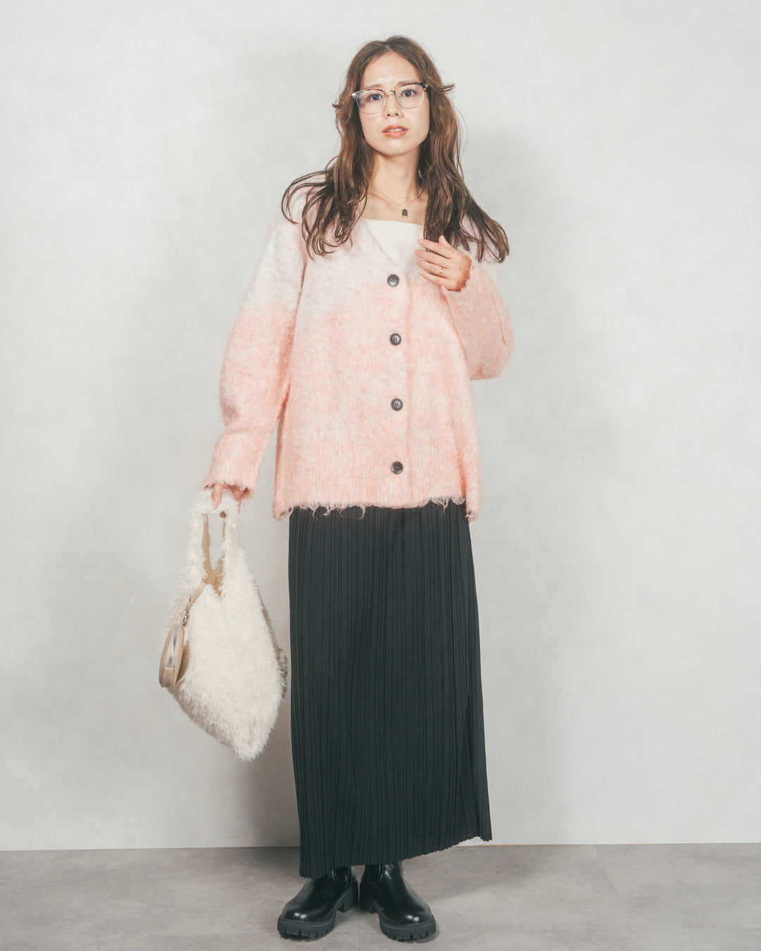 ［SET］Airyフェザー ニットカーディガン+プリーツNarrowロングスカート（2SET）