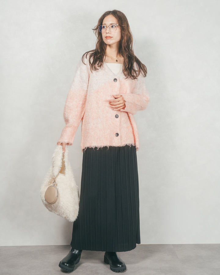 ［SET］Airyフェザー ニットカーディガン+プリーツNarrowロングスカート（2SET）