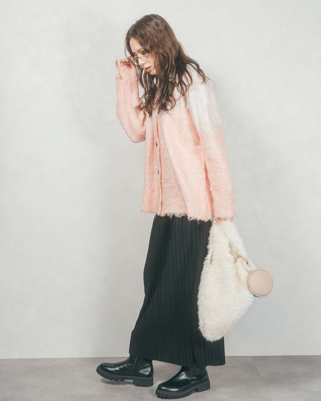 ［SET］Airyフェザー ニットカーディガン+プリーツNarrowロングスカート（2SET）