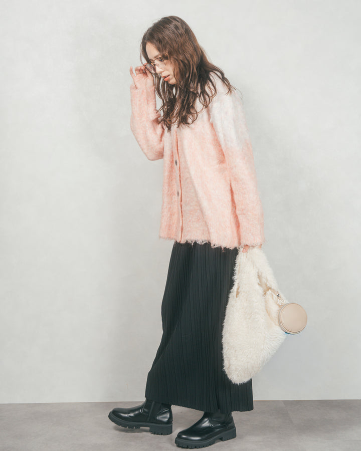 ［SET］Airyフェザー ニットカーディガン+プリーツNarrowロングスカート（2SET）