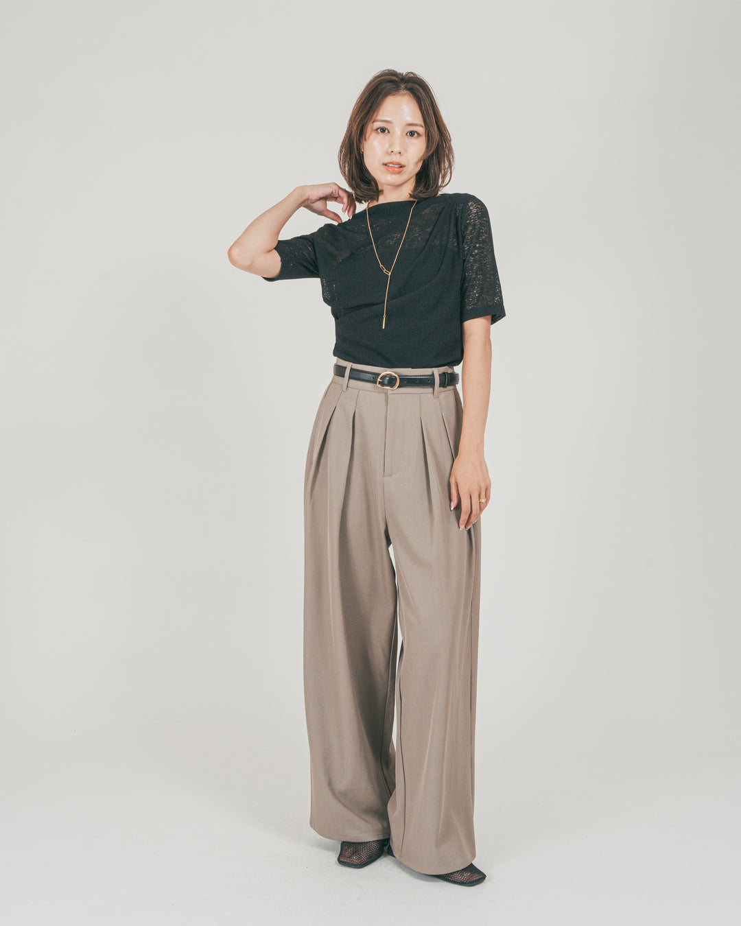 ［SET］カットレース ドレープTee + ダブルタック ハイウエストワイドパンツ（2SET）