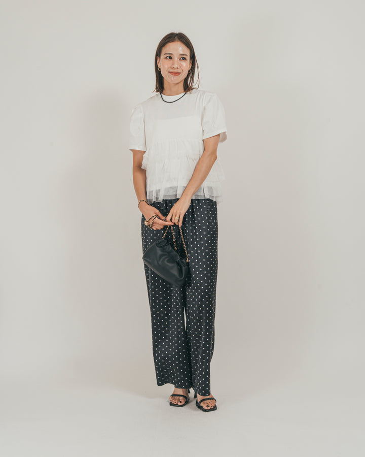 ［SET］チュールフリル ペプラムTシャツ + ドットサテンパンツ（2SET）