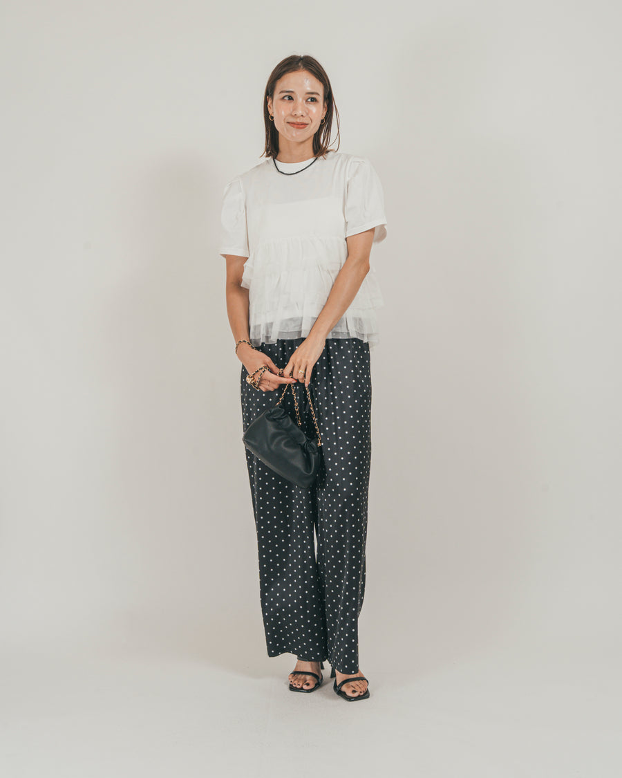 ［SET］チュールフリル ペプラムTシャツ + ドットサテンパンツ（2SET）