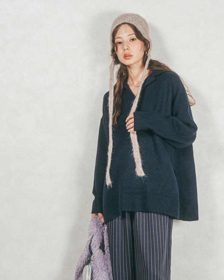 ［SET］サイドスリット襟付きスキッパーニット+Relaxストライプパンツ