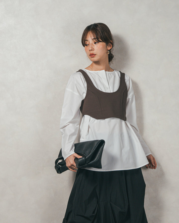 ［SET］カットビスチェxブラウス レイヤードSET+ヴィンテージブロードランダムタックスカート（2SET）