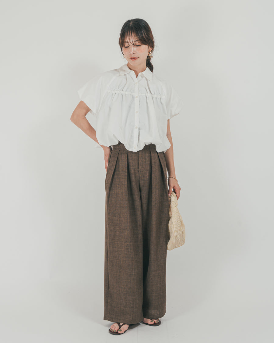 ［SET］バルーンShirringハーフスリーブシャツ + スラブTweedタックワイドパンツ（2SET）
