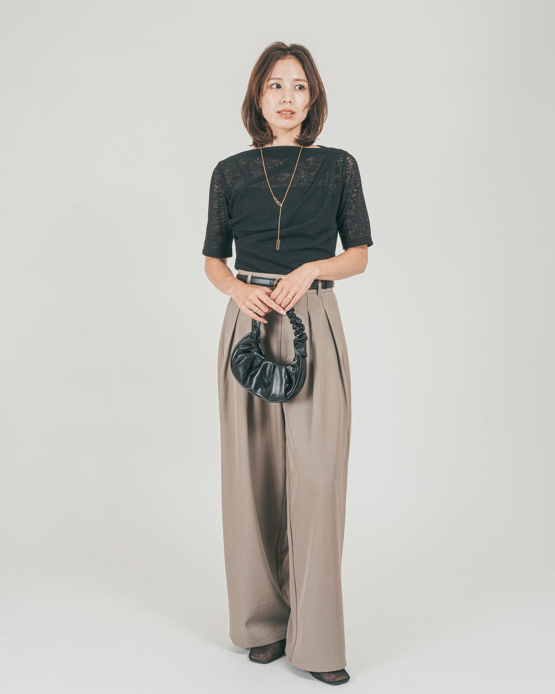 ［SET］カットレース ドレープTee + ダブルタック ハイウエストワイドパンツ（2SET）