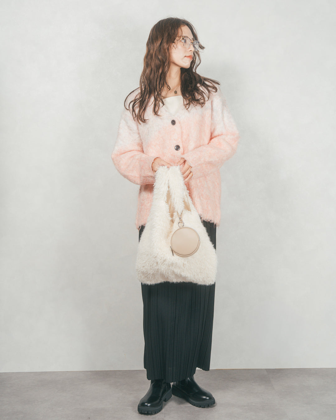 ［SET］Airyフェザー ニットカーディガン+プリーツNarrowロングスカート（2SET）