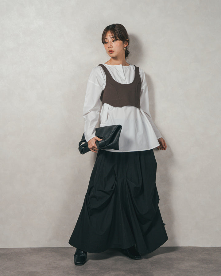 ［SET］カットビスチェxブラウス レイヤードSET+ヴィンテージブロードランダムタックスカート（2SET）