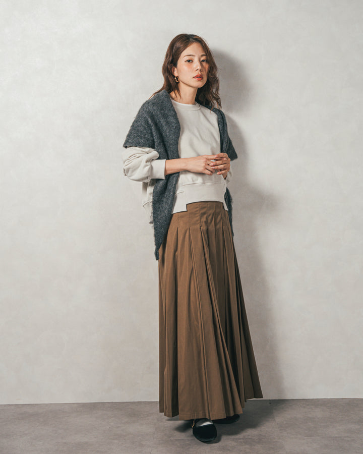 ［SET］ラメ裏毛ボリュームスリーブトレーナー+W-Tuckプリーツロングスカート（2SET）