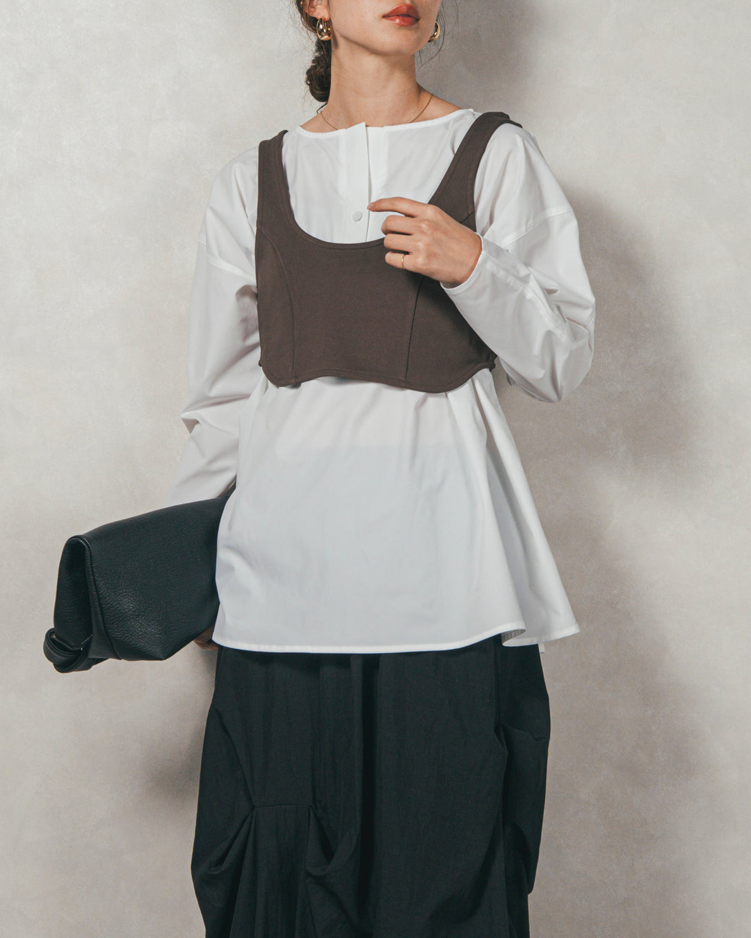 ［SET］カットビスチェxブラウス レイヤードSET+ヴィンテージブロードランダムタックスカート（2SET）