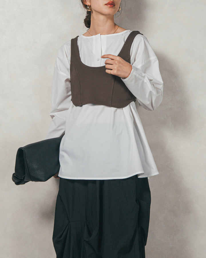 ［SET］カットビスチェxブラウス レイヤードSET+ヴィンテージブロードランダムタックスカート（2SET）