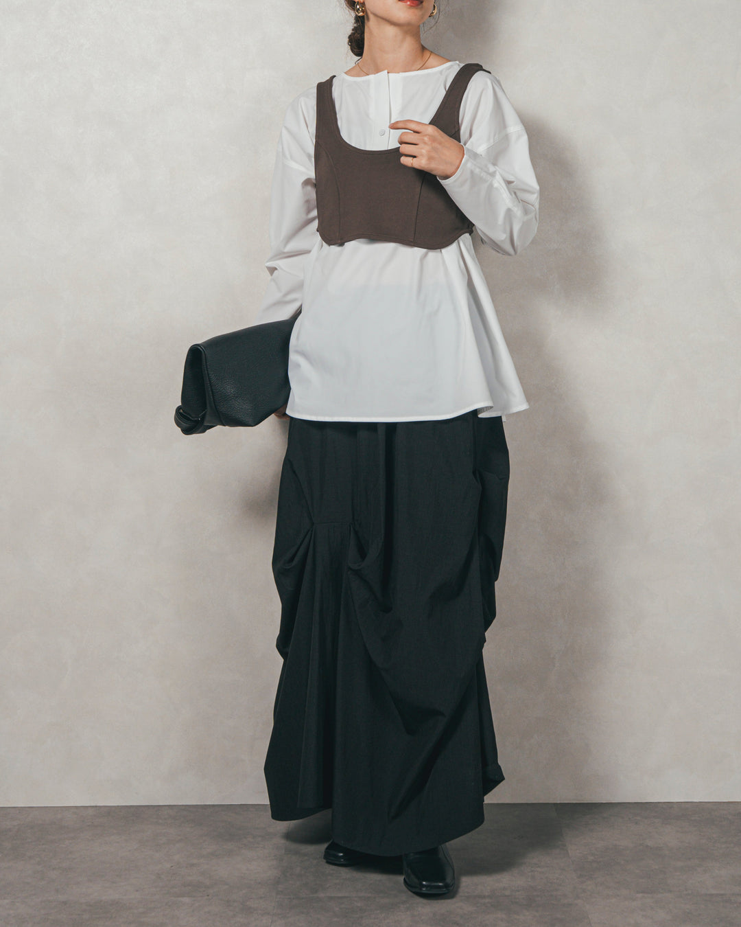 ［SET］カットビスチェxブラウス レイヤードSET+ヴィンテージブロードランダムタックスカート（2SET）