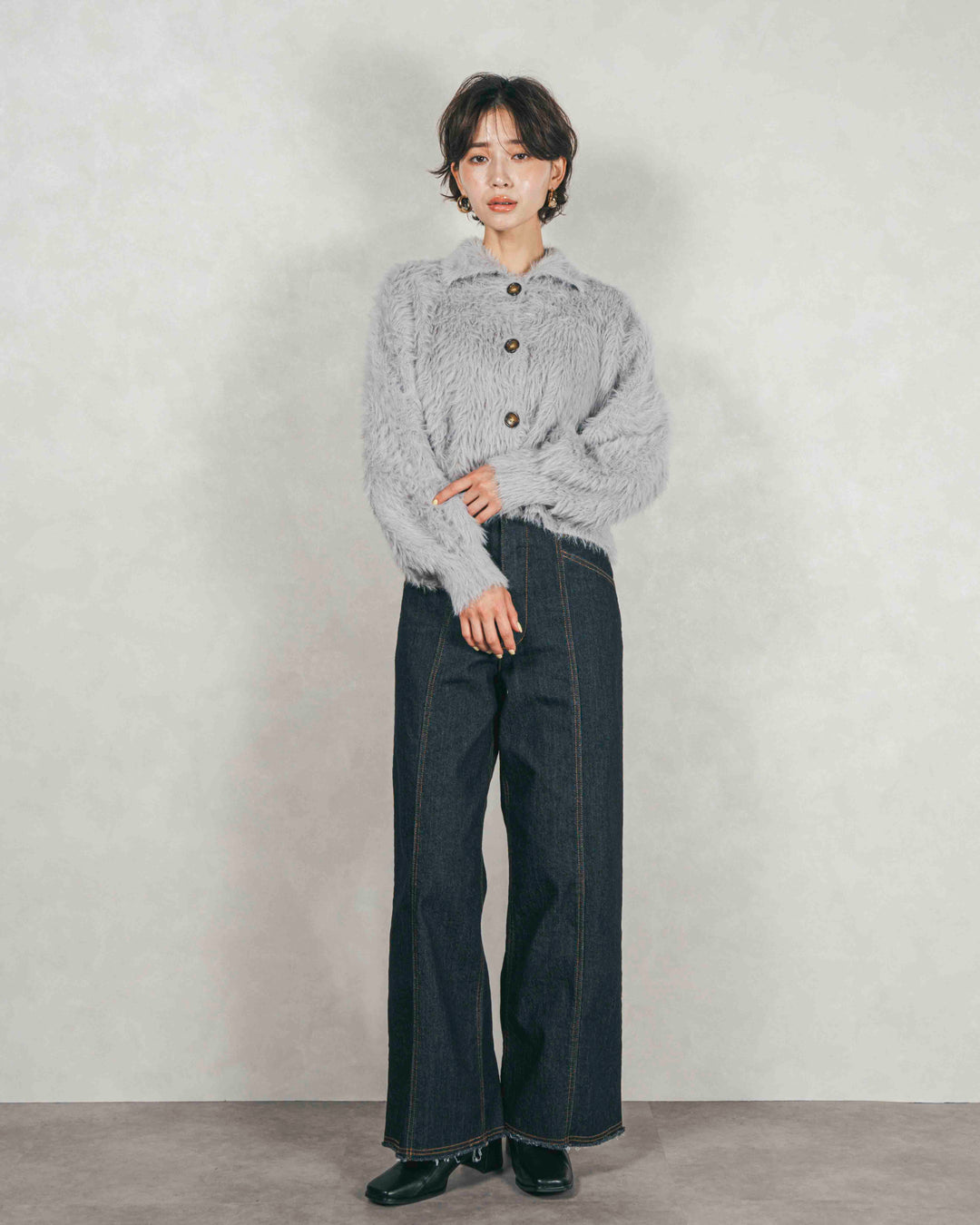 ［SET］フェザーヤーン 衿付きカーディガン+センターシーム リラックスワイドデニム（2SET）