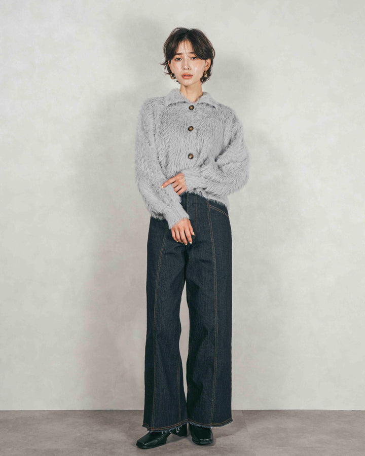 ［SET］フェザーヤーン 衿付きカーディガン+センターシーム リラックスワイドデニム（2SET）
