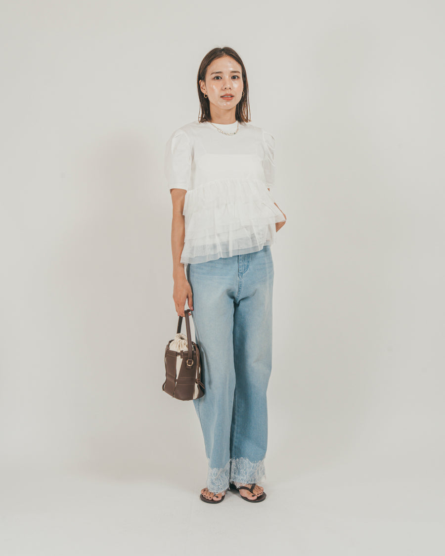 ［SET］チュールフリル ペプラムTシャツ + 接触冷感 10oz裾レースデニム（2SET）