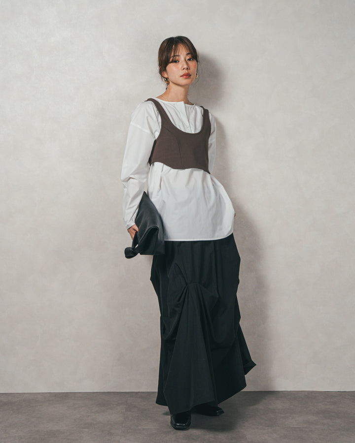 ［SET］カットビスチェxブラウス レイヤードSET+ヴィンテージブロードランダムタックスカート（2SET）