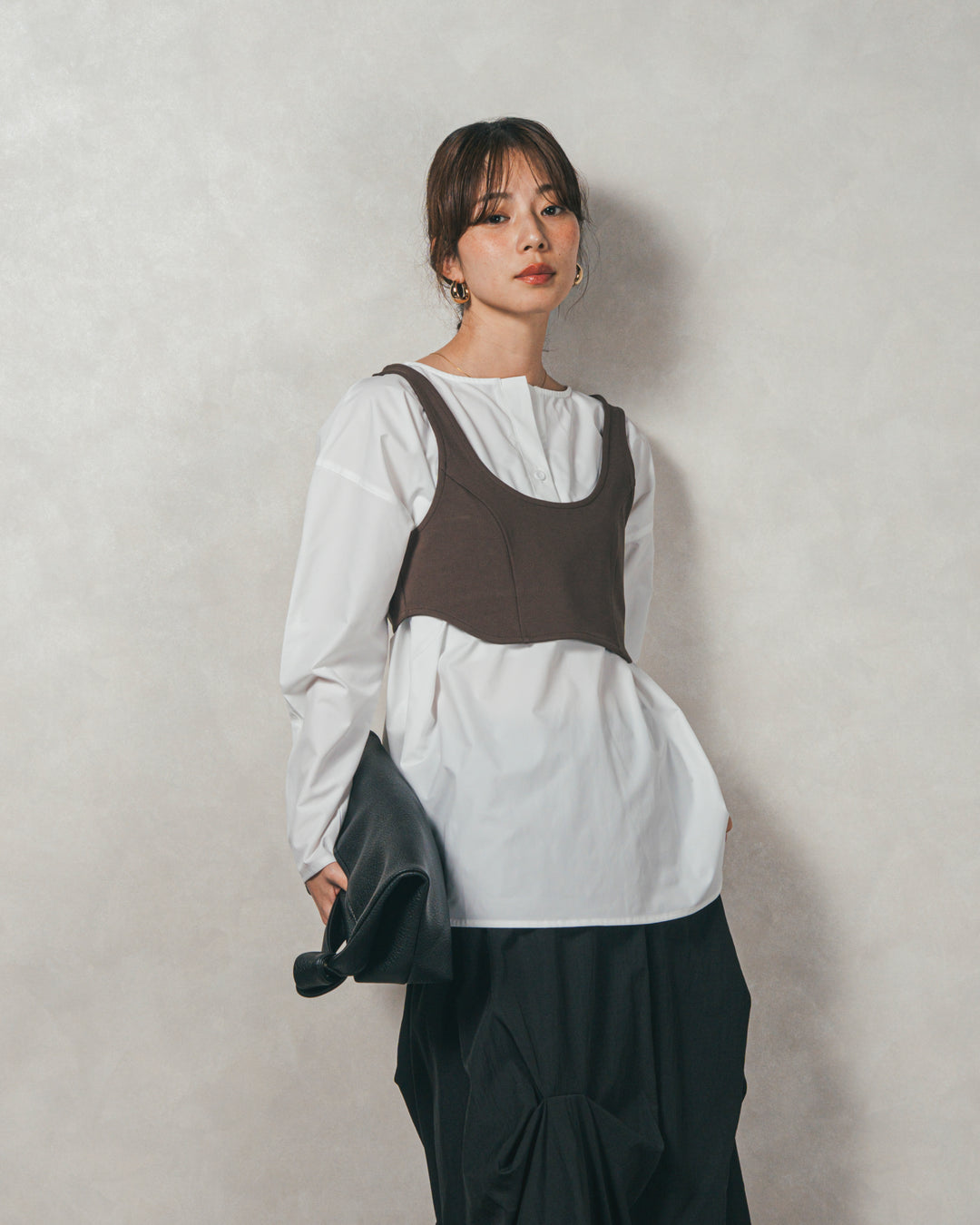 ［SET］カットビスチェxブラウス レイヤードSET+Relax 裏起毛カーブパンツ（2SET）