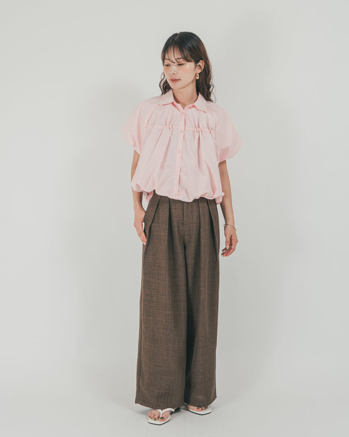 ［SET］バルーンShirringハーフスリーブシャツ + スラブTweedタックワイドパンツ（2SET）