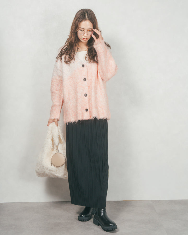 ［SET］Airyフェザー ニットカーディガン+プリーツNarrowロングスカート（2SET）