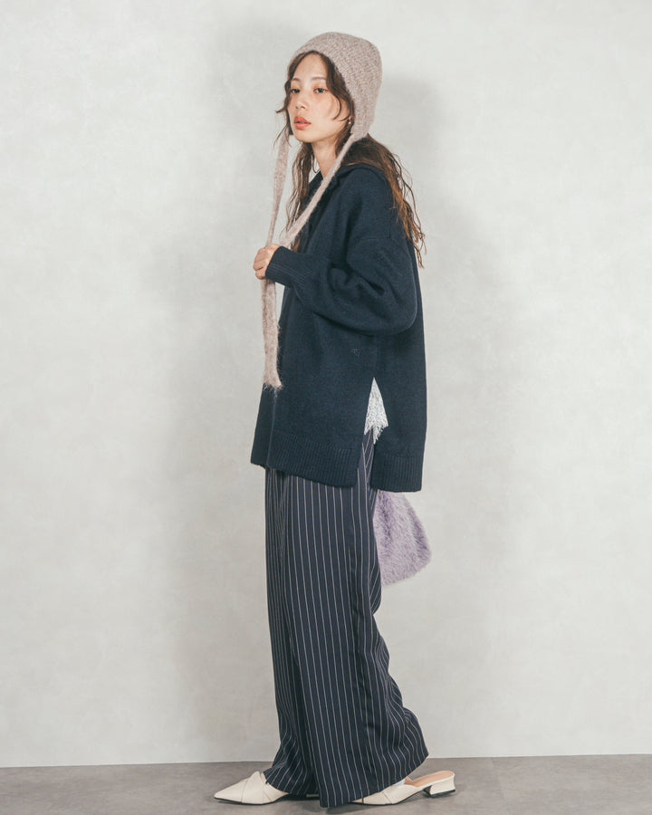 ［SET］サイドスリット襟付きスキッパーニット+Relaxストライプパンツ