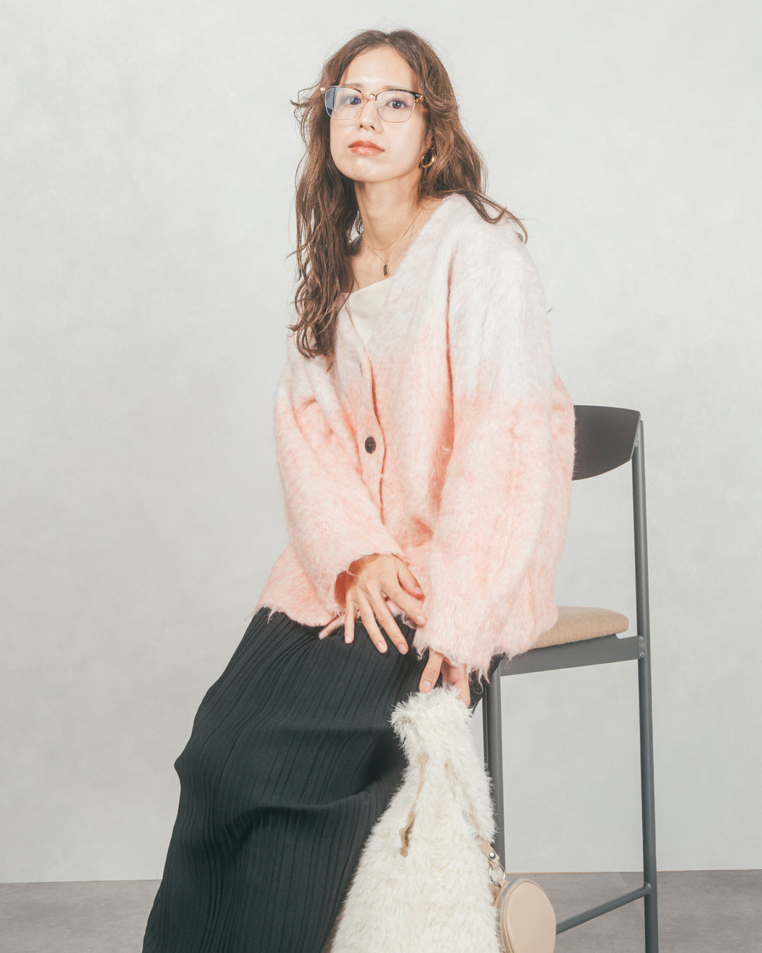 ［SET］Airyフェザー ニットカーディガン+プリーツNarrowロングスカート（2SET）