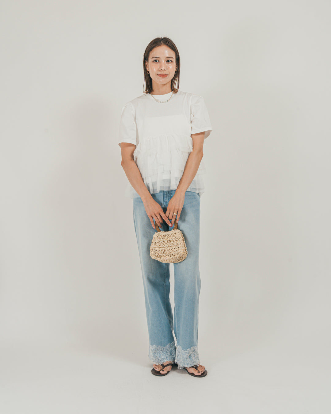 ［SET］チュールフリル ペプラムTシャツ + 接触冷感 10oz裾レースデニム（2SET）
