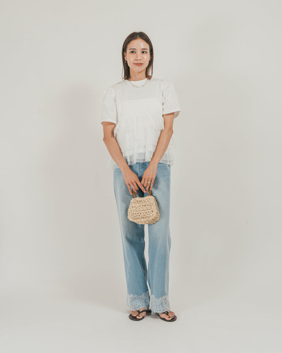［SET］チュールフリル ペプラムTシャツ + 接触冷感 10oz裾レースデニム（2SET）