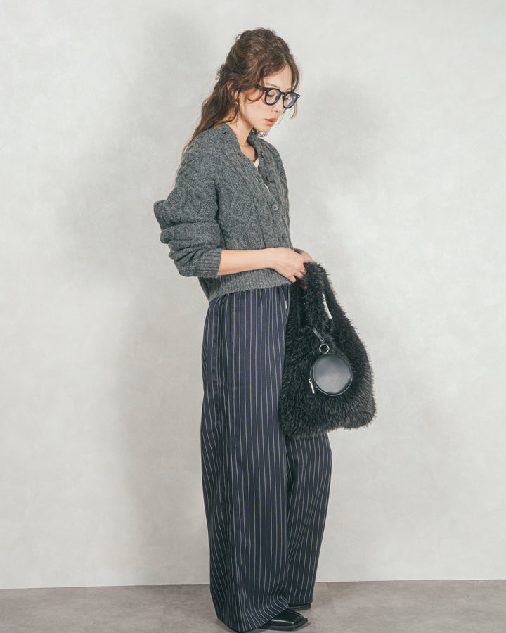 ［SET］ケーブルKnitクルーカーディガン+Relaxストライプパンツ