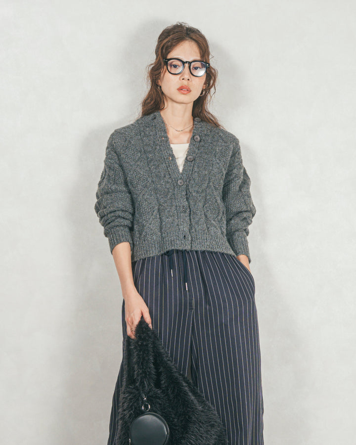 ［SET］ケーブルKnitクルーカーディガン+Relaxストライプパンツ