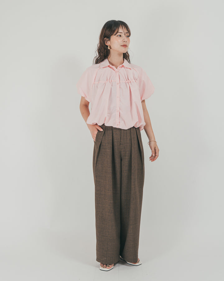 ［SET］バルーンShirringハーフスリーブシャツ + スラブTweedタックワイドパンツ（2SET）