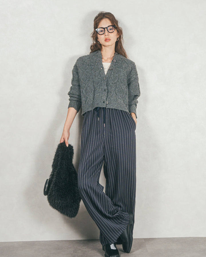 ［SET］ケーブルKnitクルーカーディガン+Relaxストライプパンツ
