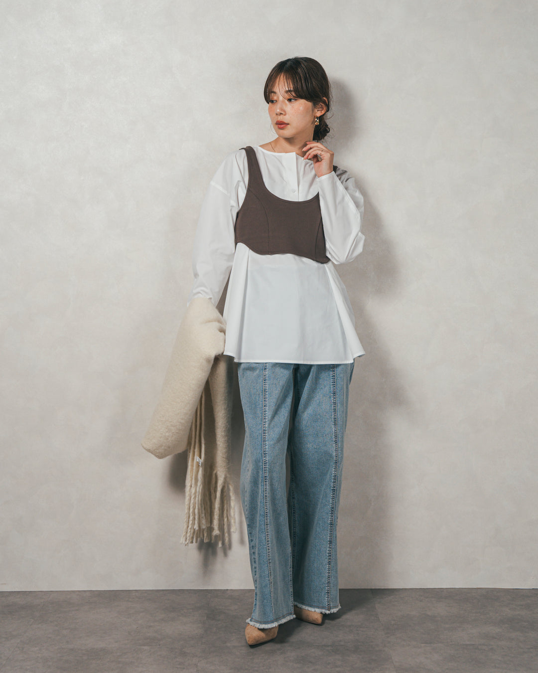 ［SET］カットビスチェxブラウス レイヤードSET+センターシーム リラックスカラーデニム（2SET）