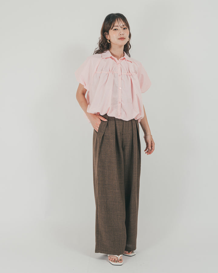 ［SET］バルーンShirringハーフスリーブシャツ + スラブTweedタックワイドパンツ（2SET）