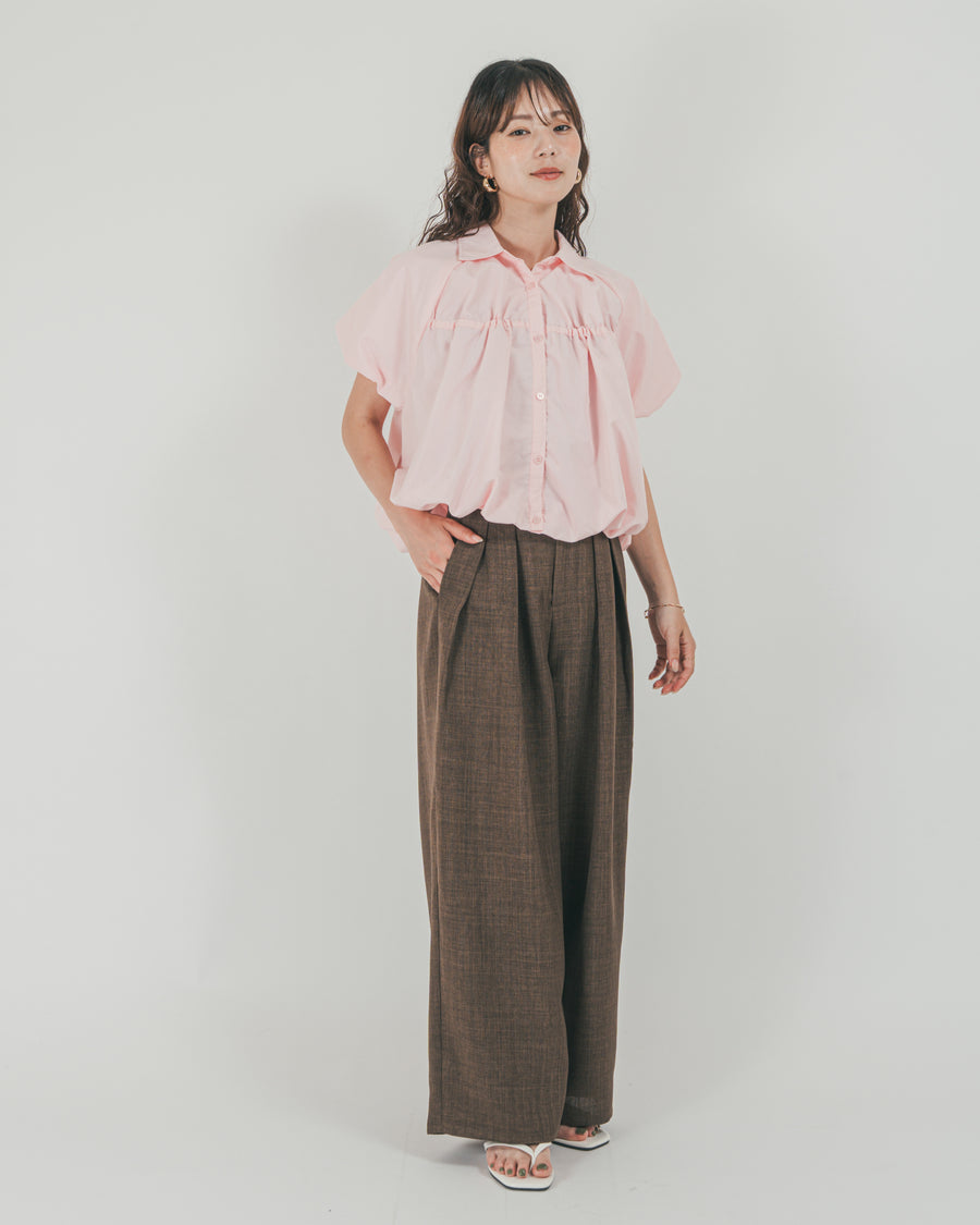 ［SET］バルーンShirringハーフスリーブシャツ + スラブTweedタックワイドパンツ（2SET）