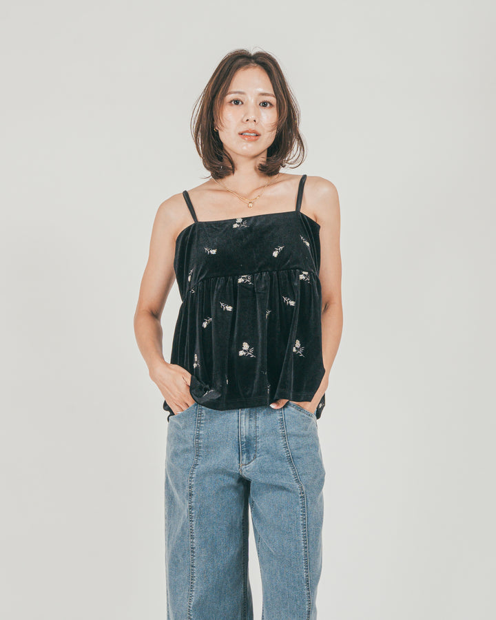 ［SET］Flower刺繍 ベロアペプラムキャミ + センターシーム リラックスデニム（2SET）