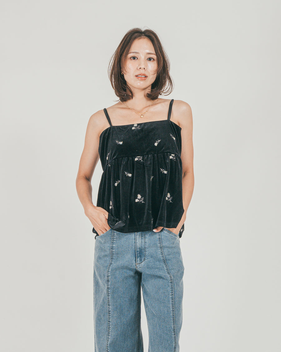 ［SET］Flower刺繍 ベロアペプラムキャミ + センターシーム リラックスデニム（2SET）