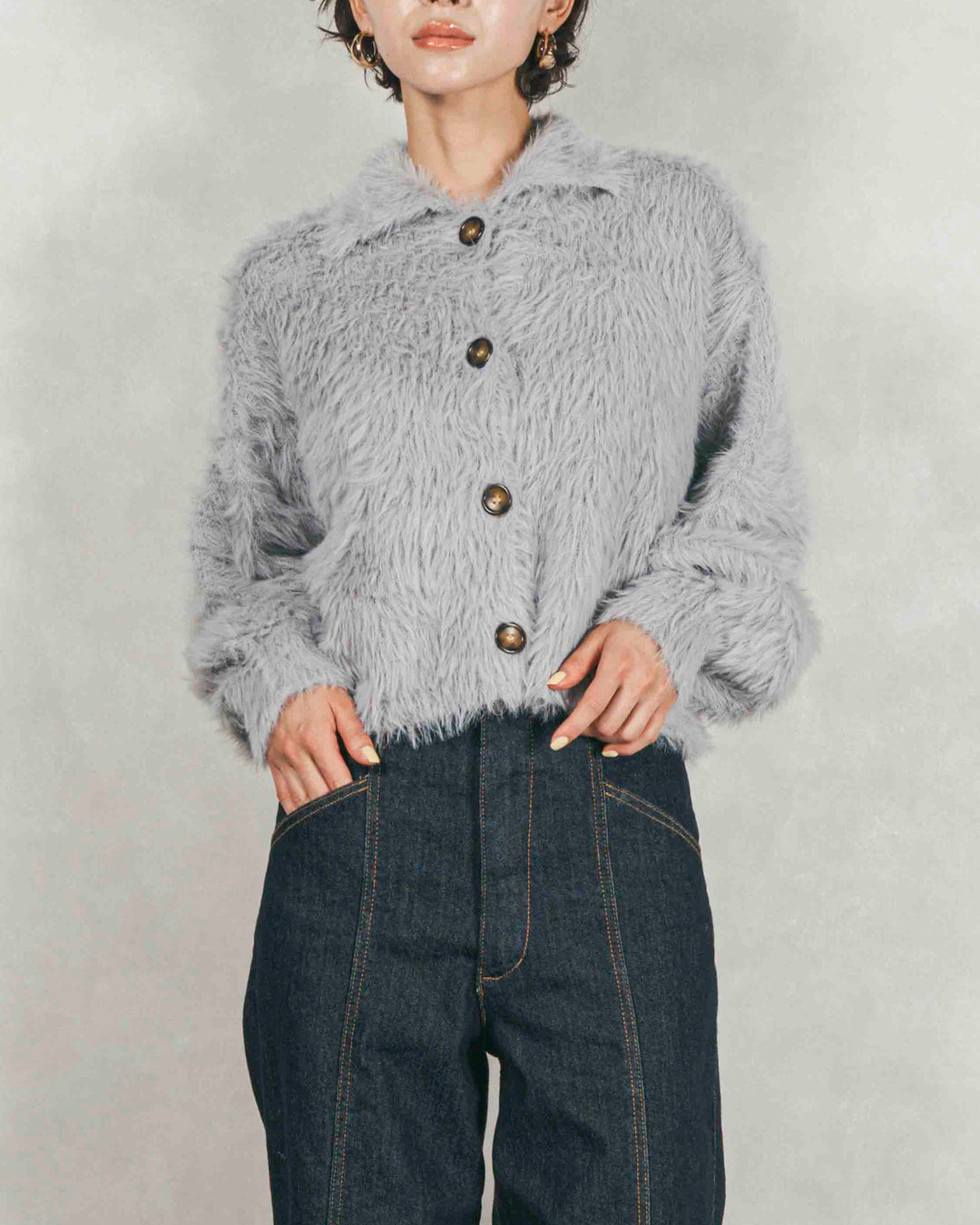 ［SET］フェザーヤーン 衿付きカーディガン+センターシーム リラックスワイドデニム（2SET）