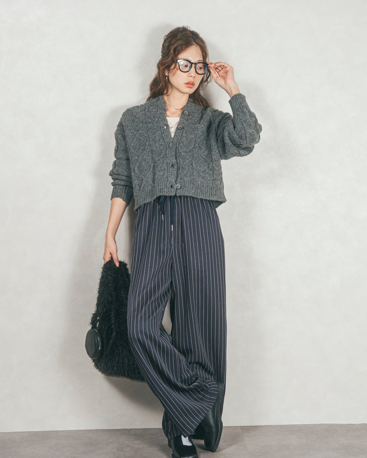 ［SET］ケーブルKnitクルーカーディガン+Relaxストライプパンツ