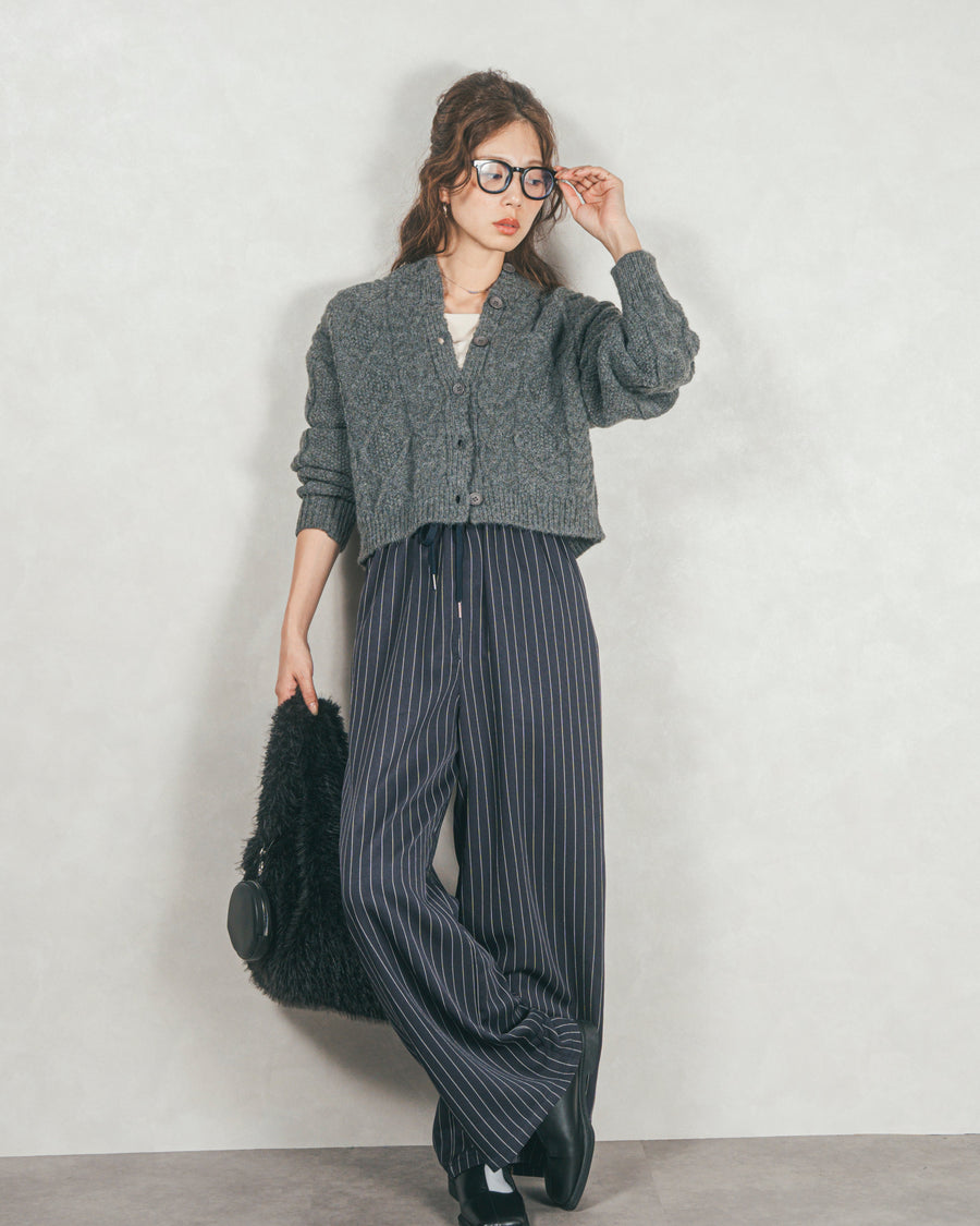 ［SET］ケーブルKnitクルーカーディガン+Relaxストライプパンツ