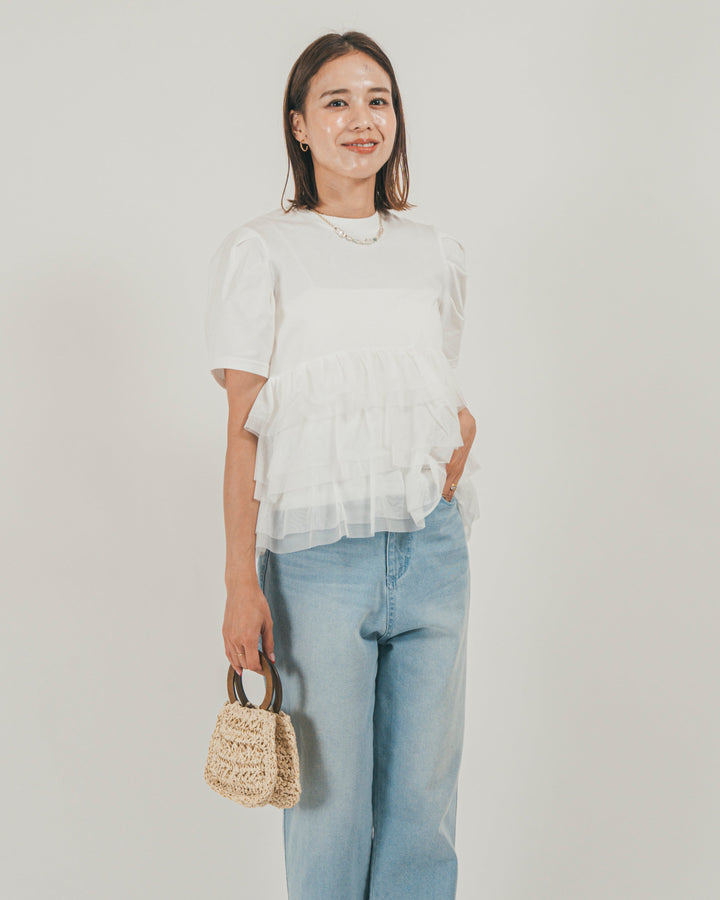 ［SET］チュールフリル ペプラムTシャツ + 接触冷感 10oz裾レースデニム（2SET）